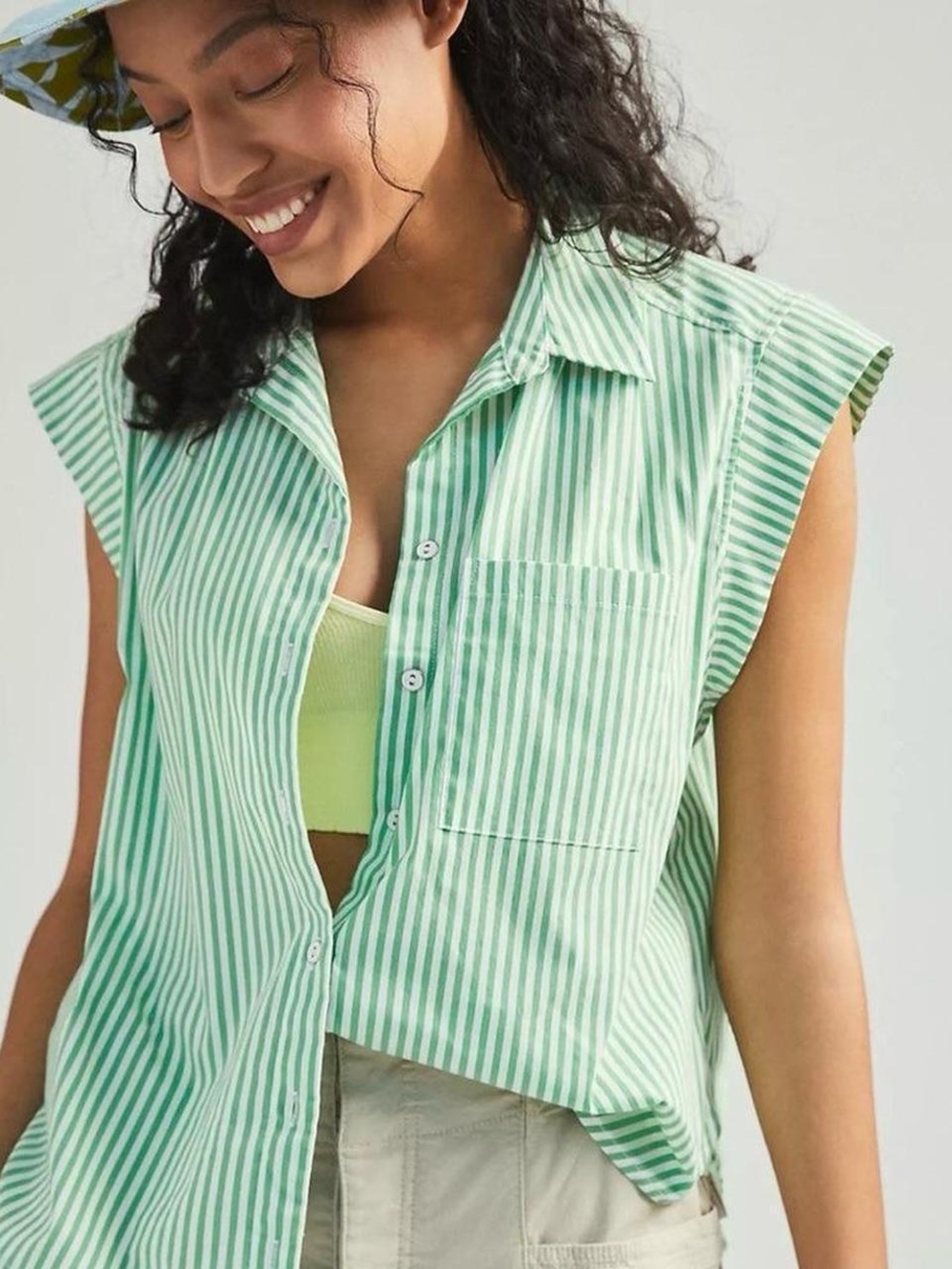 Maeve (Anthro) Striped Sleeveless Button-Down Top in Green